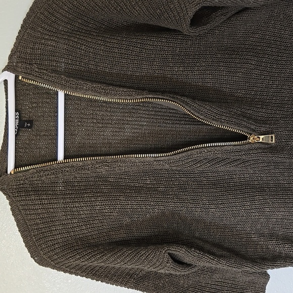 Express | Olive Green Gold Zipper Knit Sweater Size Small - Picture 5 of 8